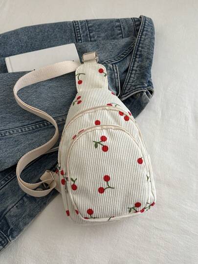 草莓圖案白色女式臀包，多口袋，拉鍊，帆布材質，小尺寸，粉色可愛旅行包