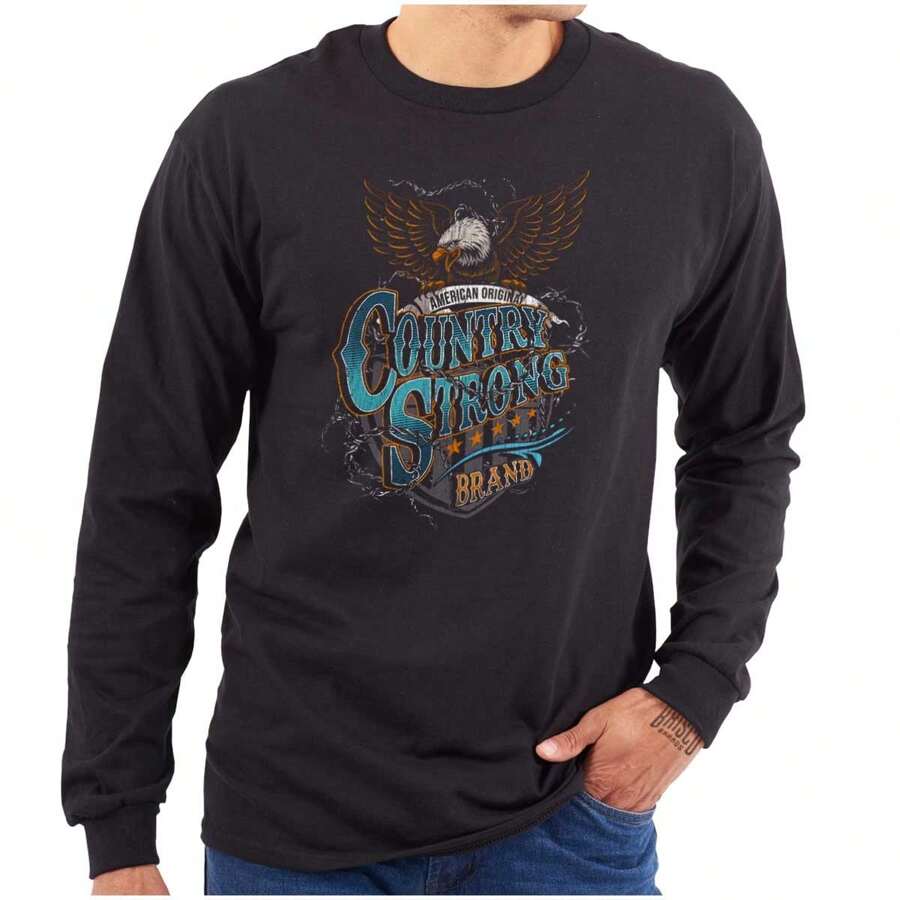 Camiseta de manga larga con estampado de águila americana, estilo sureño occidental, para hombres - Negro - Ver 1