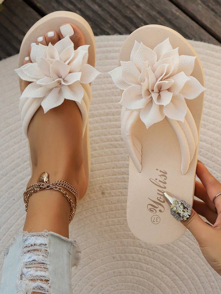 Women's Fabric Strap Floral Adhesive Flower Design Lightweight Wedge Flip Flops For Summer - Beige - View 6