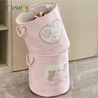 Yiuswoy 35x40cm(13.8x15.7In) Pink Folding Laundry Basket With Cute Rabbit And Bear Design, Thickened Fabric Storage Basket For Clothing, Toys And Miscellaneous Items, Home Decor, Bedroom Storage Dress Pants Shoes Jeans Boots Skirtlaundry Hamper,Washing Basketbathroom Organizer,Basket,Storage Basket,Foldable Laundry Basket