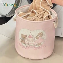Yiuswoy 35x40cm(13.8x15.7In) Pink Folding Laundry Basket With Cute Rabbit And Bear Design, Thickened Fabric Storage Basket For Clothing, Toys And Miscellaneous Items, Home Decor, Bedroom Storage Dress Pants Shoes Jeans Boots Skirtlaundry Hamper,Washing Basketbathroom Organizer,Basket,Storage Basket,Foldable Laundry Basket