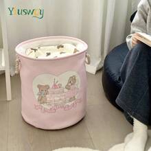 Yiuswoy 35x40cm(13.8x15.7In) Pink Folding Laundry Basket With Cute Rabbit And Bear Design, Thickened Fabric Storage Basket For Clothing, Toys And Miscellaneous Items, Home Decor, Bedroom Storage Dress Pants Shoes Jeans Boots Skirtlaundry Hamper,Washing Basketbathroom Organizer,Basket,Storage Basket,Foldable Laundry Basket