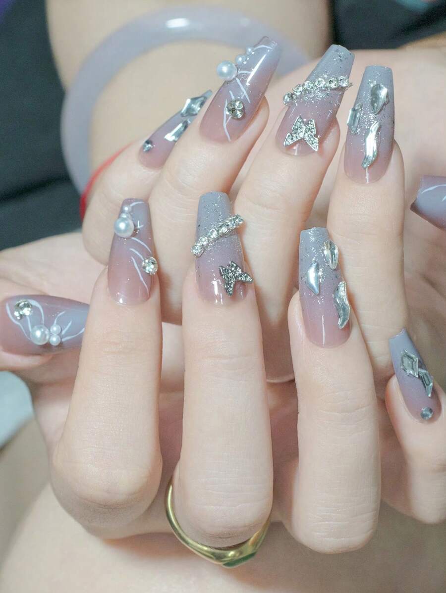 24 件棺材形长假指甲，含 1 个指甲锉和 1 个果冻胶，按压式指甲，美甲用品，指甲 - 彩色 - 查看 1