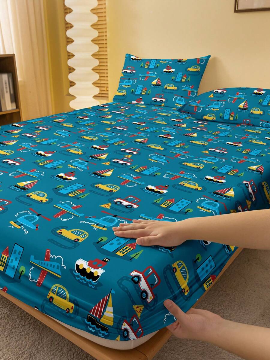 1件印花珊瑚絨床單,包含空、陸、海圖案,印花床單適用於臥室(不包括枕套) - 彩色 - 查看 1