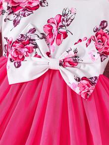 Đầm tay lỡ in họa tiết hoa cho bé gái, trang trí nơ lưới, mùa xuân thu - Màu Hồng Tươi - Xem 5
