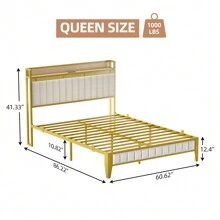WhizMax Full/Queen/King Size Bed Frame With Charging Station, LED Bed Frame With Storage Headboard, Upholstered Platform Bed Frame, No Box Spring Needed, Easy Assembly(Gray/Gold/Black)