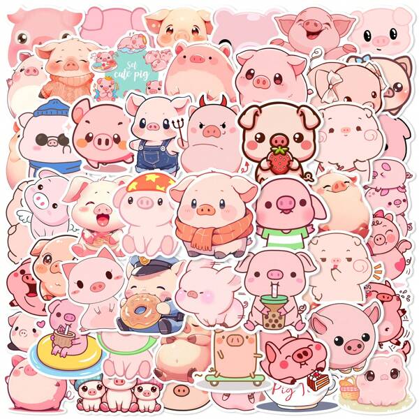 50pcs Pink Pig Doodles Sticker Decals Back To School