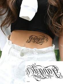 1pc Washable Temporary Tattoo Sticker, Waist Placement With Stylish Floating English Letters, Suitable For Both Men And Women - Black - View 1