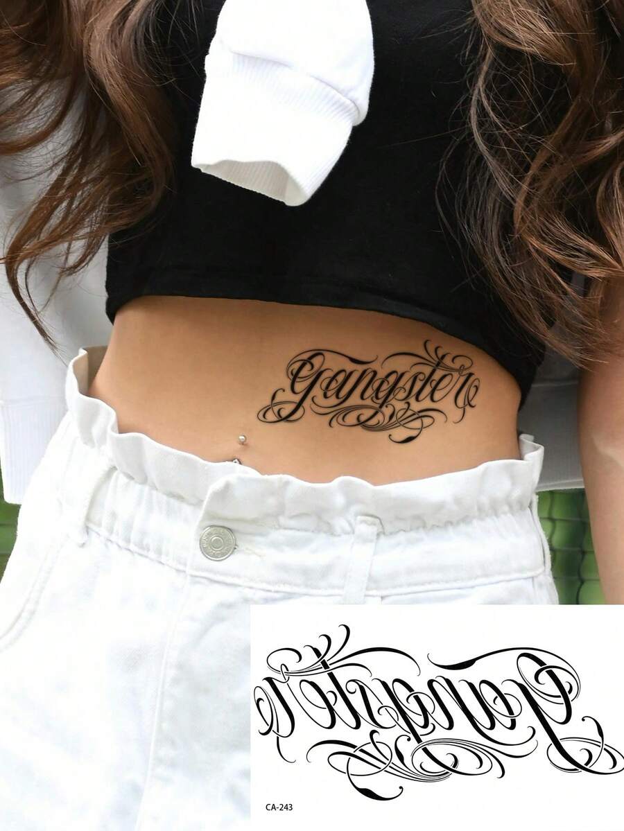 1pc Washable Temporary Tattoo Sticker, Waist Placement With Stylish Floating English Letters, Suitable For Both Men And Women - Black - View 1