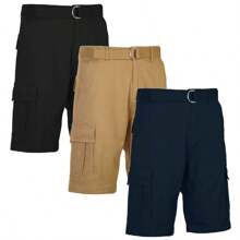 3-Pack Men's Belted Cotton Cargo Shorts - Black - Khaki - Navy - View 1