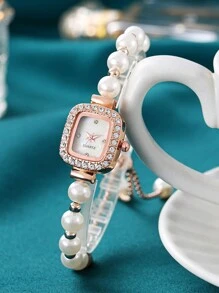 1 Đồng hồ nữ thời trang Ngọc trai kim cương Đồng hồ nữ dây rút Vòng tay Đồng hồ đeo tay - trắng - Xem 6