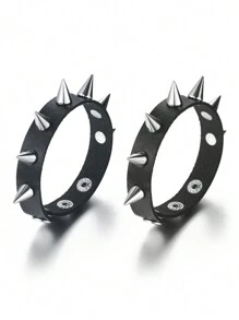 2pcs/Set Spiked Bracelet Black Pu Leather Punk Rock Bracelet Bangle Metal Wristband For Men Goth Accessories - Black - View 9