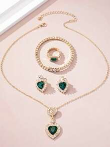 5pcs/Set Luxury Design Diamond-Inlaid Heart Shaped Necklace, Earrings, Bracelet And Ring Set, Fashionable & Personalized Street Snap Women's Jewelry Set Suitable For Commuting, Traveling, Parties, Daily Wear