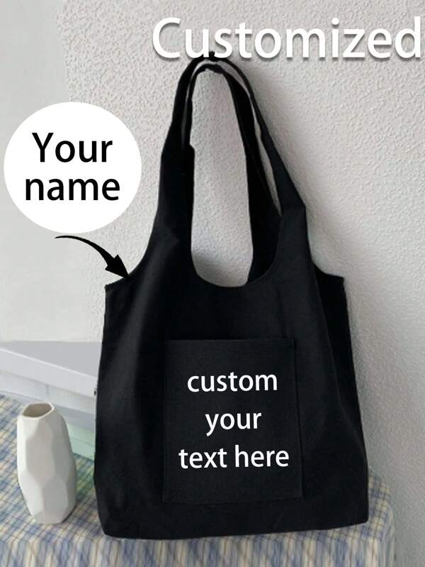 1pc Customizable Foldable Personalized Tote Bag Featured With Name Logo Text, Solid Color Tote Bag Large Capacity Shoulder Bag Simple Shopping Bag With Side Pockets Minimalist Patched Pocket Shopper Bag School Bag For School, For Business/Commute/Work/Office, High School Senior High School Students, College Students, University Students, Freshman, Sophomore, Underclassmen