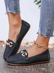 Zapatos de trabajo planos de tacón bajo estilo Slip-On para mujer de nueva moda 2024, mocasines cómodos para uso casual - Negro - Ver 1