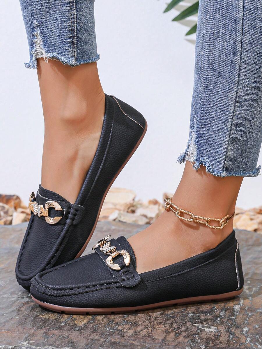 Zapatos de trabajo planos de tacón bajo estilo Slip-On para mujer de nueva moda 2024, mocasines cómodos para uso casual - Negro - Ver 1