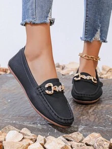 Zapatos de trabajo planos de tacón bajo estilo Slip-On para mujer de nueva moda 2024, mocasines cómodos para uso casual - Negro - Ver 4