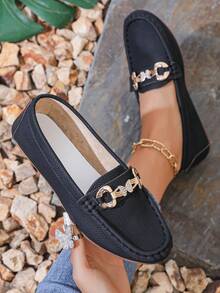 Zapatos de trabajo planos de tacón bajo estilo Slip-On para mujer de nueva moda 2024, mocasines cómodos para uso casual - Negro - Ver 6
