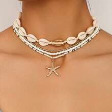 4pcs Fashionable Beach Vacation Inspired Sweet Metal Shell And Glass Beaded Starfish Pendant Layered Women's Necklace, Suitable For Holiday Parties, Street Casual, And Everyday Look
