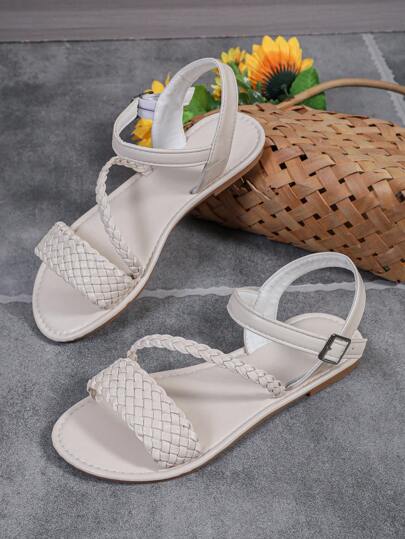 1 par de sandalias de playa de talla grande para jóvenes, de unicolor con diseño de correa tejida, cómodas y ligeras de suela de TPR con punta redonda antideslizante, tipo romano, aptas para niños de 8 años en adelante