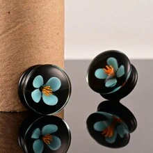 2入組藍色花卉玻璃耳塞擴張器擴張器隧道擴大器時尚朋克耳環雙弧形穿孔身體飾品 - round - 查看 4