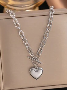 1pc Fashionable Summer Golden Stainless Steel OT Buckle Heart-Shaped Pendant Necklace, Suitable For Women, Versatile Jewelry Accessory Gift, USA, No Gift Box Included Valentines