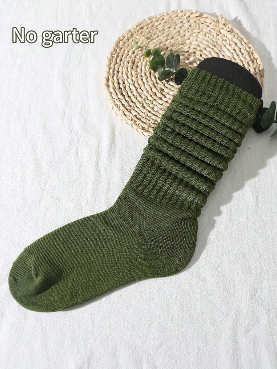 1pair Women's Spring/Summer Korean Style Pile Socks, Versatile Long Tube Socks For Academy/Lolita/Sport, Solid Color (Sock Board Not Included), Fall Socks - Army Green - View 1