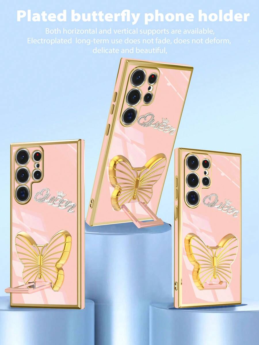 Pink Electroplated Butterfly Bracket/Alphabet Queen Rhinestone Electroplated Phone Case With Anti-Fall Technology, Electroplated Hidden Bracket And A Whole Set Of Cases Compatible With Apple 11/12/13/14/15promax Compatible With Samsung S22/23/24+UA04/A05/A14/A15/A24/A25/A34/A54S Compatible With Xiaomi Compatible With OPPO Compatible With VIVO Redmi13c - Pink - View 1