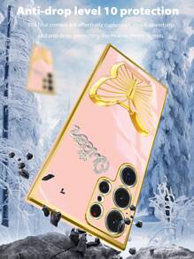 Pink Electroplated Butterfly Bracket/Alphabet Queen Rhinestone Electroplated Phone Case With Anti-Fall Technology, Electroplated Hidden Bracket And A Whole Set Of Cases Compatible With Apple 11/12/13/14/15promax Compatible With Samsung S22/23/24+UA04/A05/A14/A15/A24/A25/A34/A54S Compatible With Xiaomi Compatible With OPPO Compatible With VIVO Redmi13c - Pink - View 3