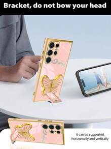 Pink Electroplated Butterfly Bracket/Alphabet Queen Rhinestone Electroplated Phone Case With Anti-Fall Technology, Electroplated Hidden Bracket And A Whole Set Of Cases Compatible With Apple 11/12/13/14/15promax Compatible With Samsung S22/23/24+UA04/A05/A14/A15/A24/A25/A34/A54S Compatible With Xiaomi Compatible With OPPO Compatible With VIVO Redmi13c - Pink - View 2