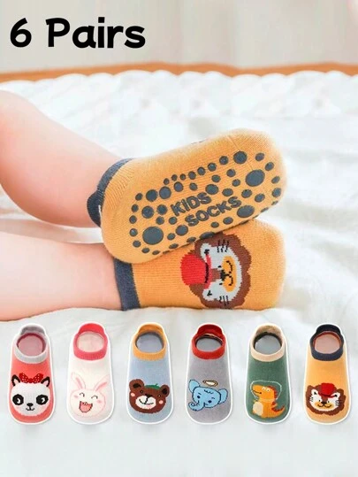 6 双儿童防滑圆点凝胶地板袜，可爱卡通学生幼儿踝袜