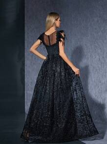 Round Neck Sheer Mesh Embroidered Lace Beaded Hem Feather Trim Dress Elegant Bridesmaid Dress - Black - View 2