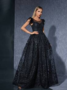 Round Neck Sheer Mesh Embroidered Lace Beaded Hem Feather Trim Dress Elegant Bridesmaid Dress - Black - View 4