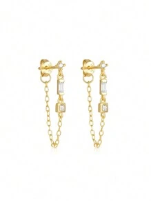 EleRunis 1Pair 925 Sterling Silver Simple Asymmetrical Studs 18K Gold Plated  Double Studs Chain Tassel Piercing Earring For Women Daily Wear Wedding Party Engagement Anniversary Valentine's Day