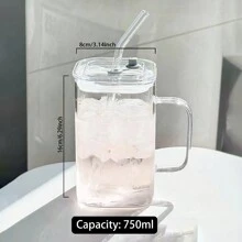 1个750毫升夏季吸管水杯，2024新款女士高颜值家用玻璃杯带手柄，方形透明茶杯 - 淺粉色 - 查看 3