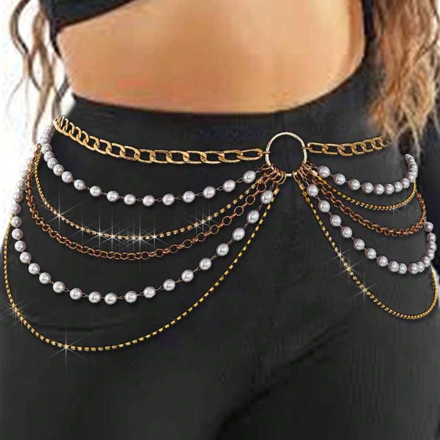 Waist Chain Beads Belly Chains Sparkly Body A - 金色 - 查看 1