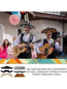 48pcs-4 Colors Short Plush Mustache, 10 Different Style Fake Mustache, Halloween Prop Self-Adhesive Sticker Fake Beard, Novelty False Beard Sticker Set For Masquerade, School Shows, Halloween Party, Costume Party, Beige - Multicolor - View 3