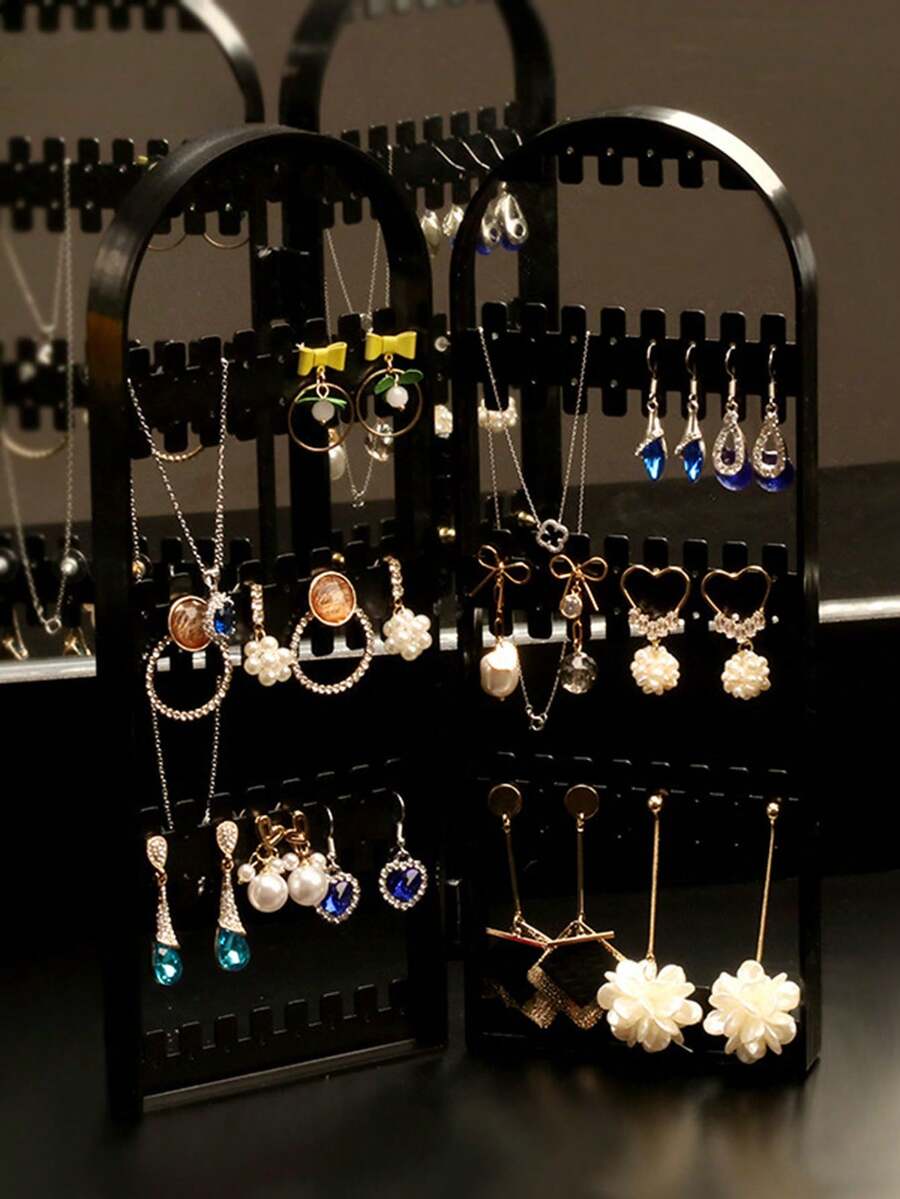 1pc Foldable Earring Holder Jewelry Rack For Stud, Dangle, Hoop, Clip-On Earrings, Necklaces Display Stand For Store, Home, Show, Clear Acrylic - Black - View 1