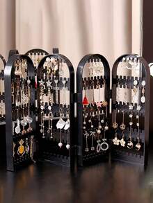 1pc Foldable Earring Holder Jewelry Rack For Stud, Dangle, Hoop, Clip-On Earrings, Necklaces Display Stand For Store, Home, Show, Clear Acrylic - Black - View 2