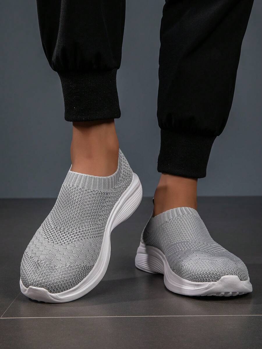 Men's Grey Breathable Knit Casual Flat Lightweight Slip-On Shoes - Grey - View 1