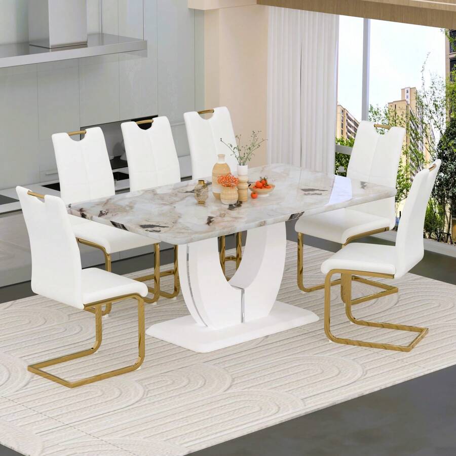 Sumdeal 63 英寸现代人造大理石餐厅餐桌套装，适合 6 人、7 件长方形餐桌套装和 6 把 PU 皮革软垫椅子，白色桌子和套装，家具 - 白桌6把金腿白椅 - 查看 1