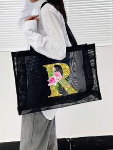 Mesh Beach Bag Tote Bag ,Floral Pattern Beach Bag,Foldable Swim Large Capacity Beach Tote Bag With Zipper Pockets Waterproof Sandproof,Letter Decor Mesh Beach Tote Women Shoulder Handbag,Large Capacity Bag For Women, For Summer Outdoor Beach Vacation Storage And Shopping For Women College Students Work,Outdoors, Travel, Outings,Holiday,Teacher's Day,Gifts For Women, Teacher's Day Gift, Beach Tote Bag For Women, Girl's Weekend Tote Handbag, Mother's Day Gifts,Birthday Gifts,Holiday Gifts - Black - View 3