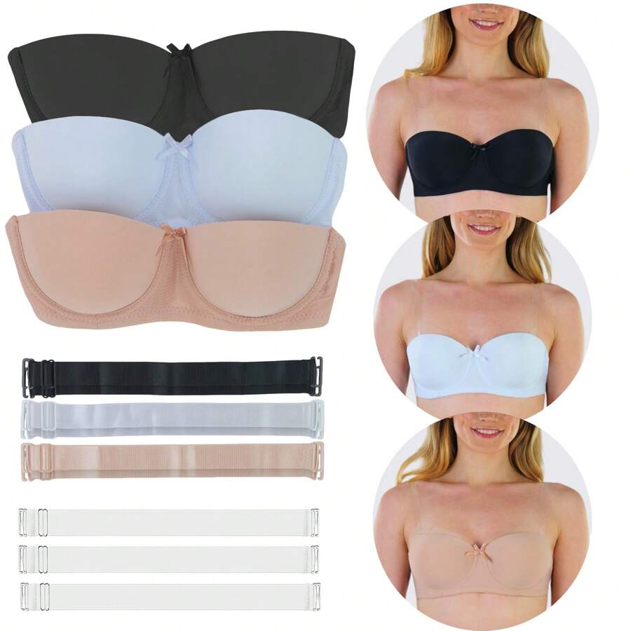 Women's Padded V-Neck Convertible Strap Push Up Bras - 3 Pack: Clear Convertible Straps - View 1