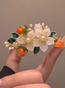 Chinese Traditional Style Hair Clip - Back Head Hairpin With Spring Clip, Small Size For Half Up Hairstyles - Orange - View 5
