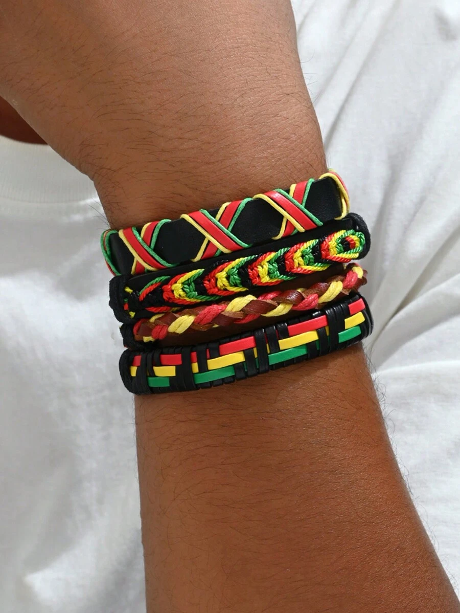 4 件装波西米亚风复古编织绳多层彩虹彩色元素时尚男女通用皮革手链套装 - 彩色 - 查看 1