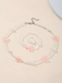 3件套女孩珍珠串珠蝴蝶项链、手链、戒指套装 - 彩色 - 查看 2