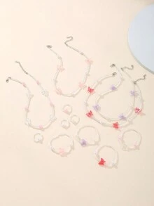 3件套女孩珍珠串珠蝴蝶项链、手链、戒指套装 - 彩色 - 查看 4