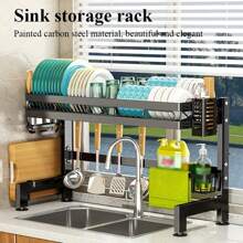 1pc Double-layer Kitchen Sink Storage Rack, Kitchen Dish Rack, Kitchen Storage Rack, Painted Carbon Steel Material, Beautiful And Elegant Kitchen Utensil Storage Holder, Kitchen Accessories - Black - View 10