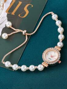 1 Đồng hồ nữ thời trang Ngọc trai kim cương Đồng hồ nữ dây rút Vòng tay Đồng hồ đeo tay - trắng - Xem 8