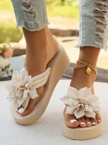 女士厚底人字拖，露趾夏季户外度假白色坡跟凉鞋，轻便纯色沙滩鞋 - 白色 - 查看 1